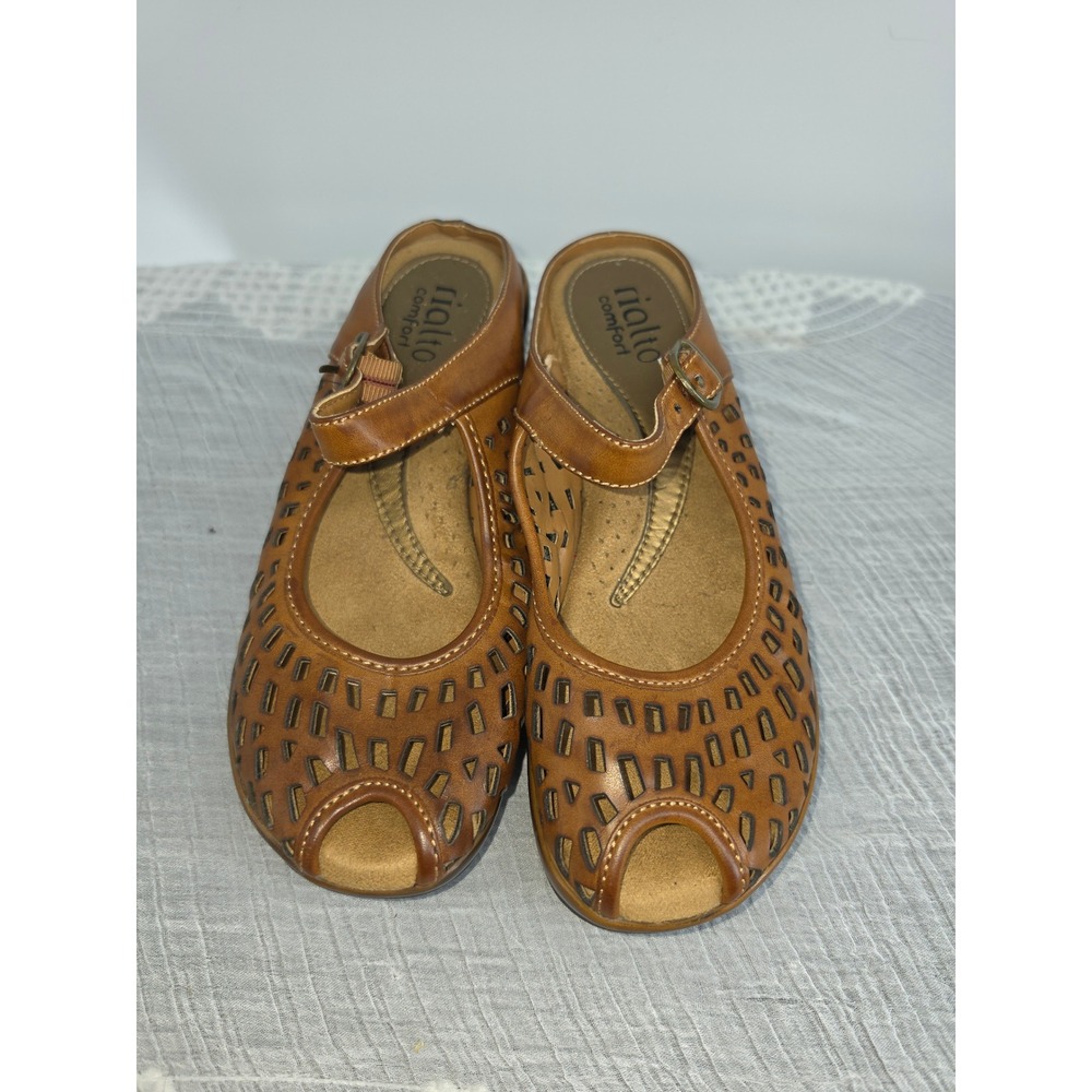 Rialto Comfort Mario Brown Perforated Wedge Mary Jane Mules Sandals Womens 8M